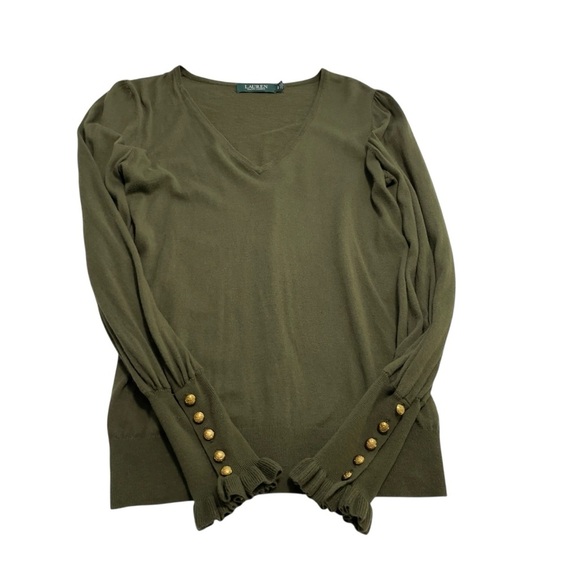 Lauren Ralph Lauren Olive Green V-Neck Sweater, Gold Button Cuff Detail Size SP - Picture 8 of 13